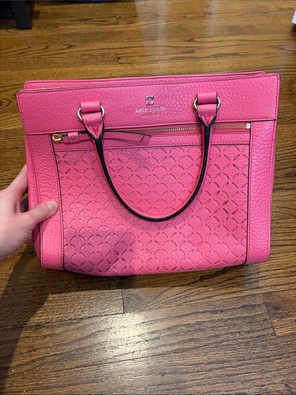 kate spade Hot Pink Laser-Cut Leather Tote with Gold Hardware
